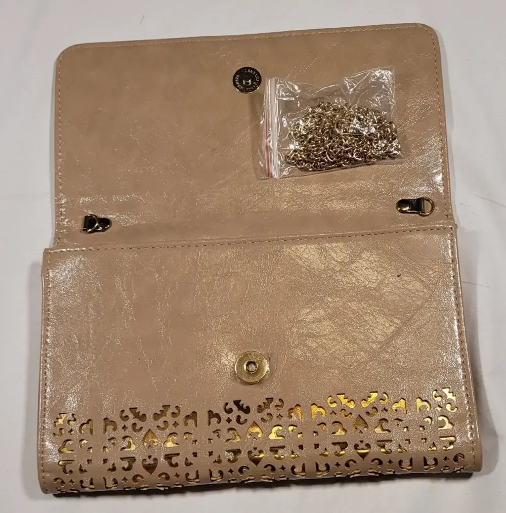 Expressions NYC Beige with Gold Cutouts Clutch Purse with Crossbody Length Chain